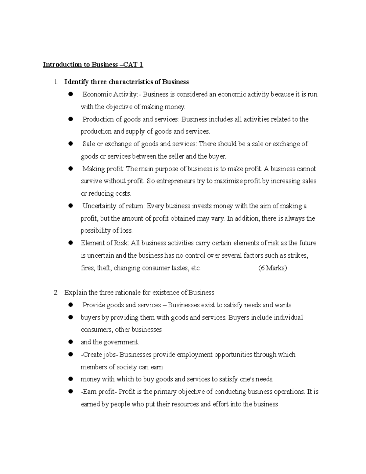 Introduction to Business-CAT 1 - Introduction to Business –CAT 1 ...