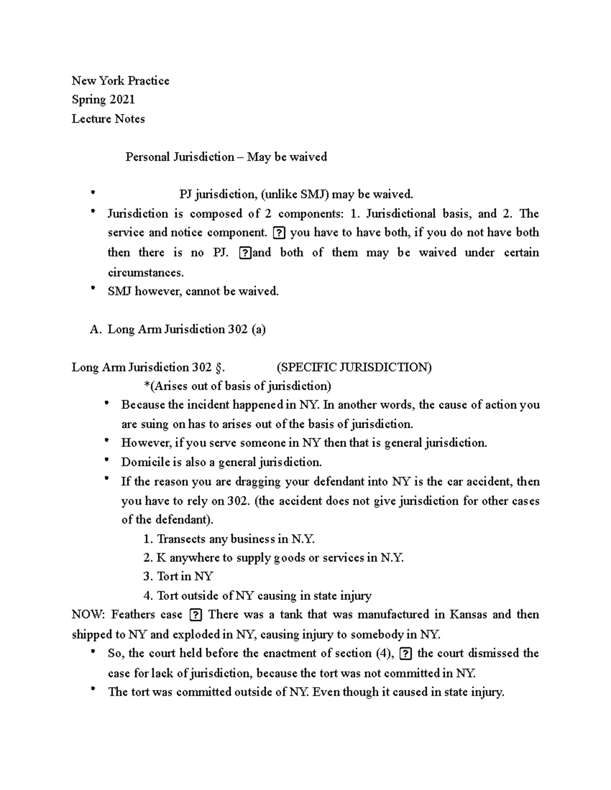 Long Arm Jurisdiction Notes New York Practice Spring 2021 Lecture
