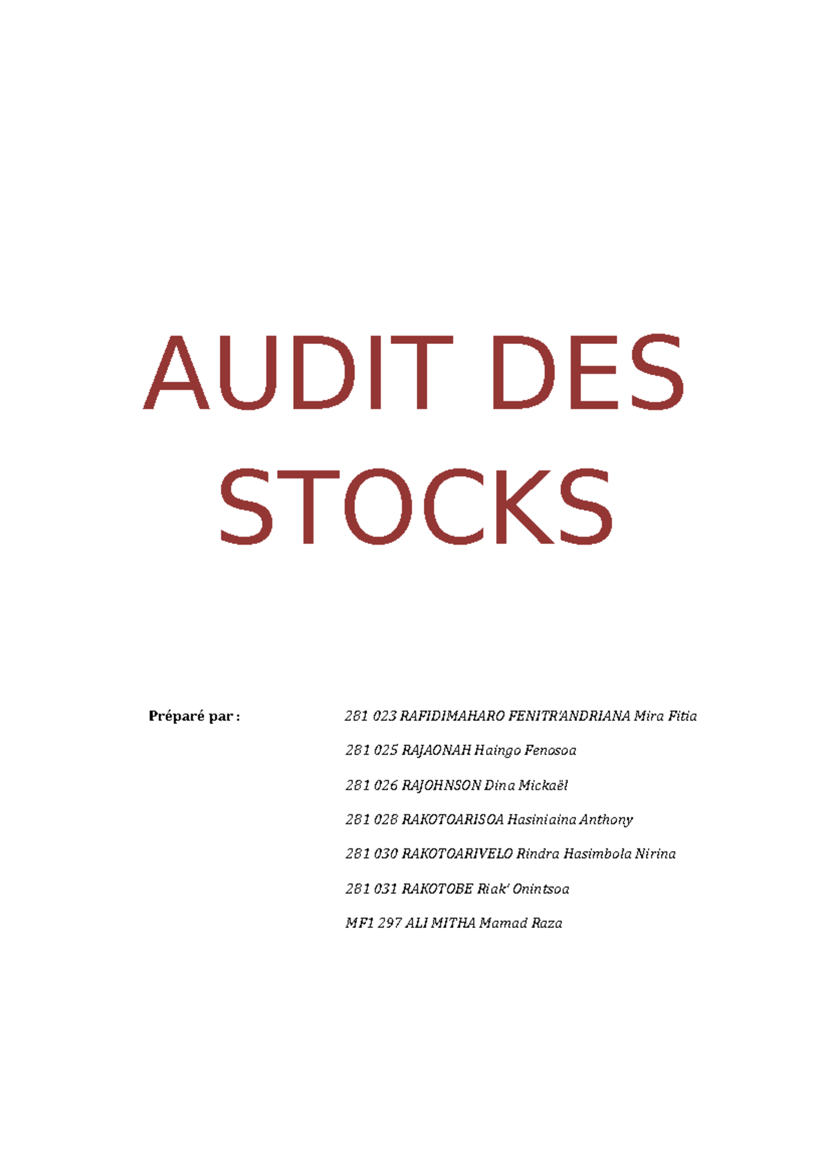 Audit des stocks - Advanced Modelling in Finance - AUDIT DES STOCKS ...