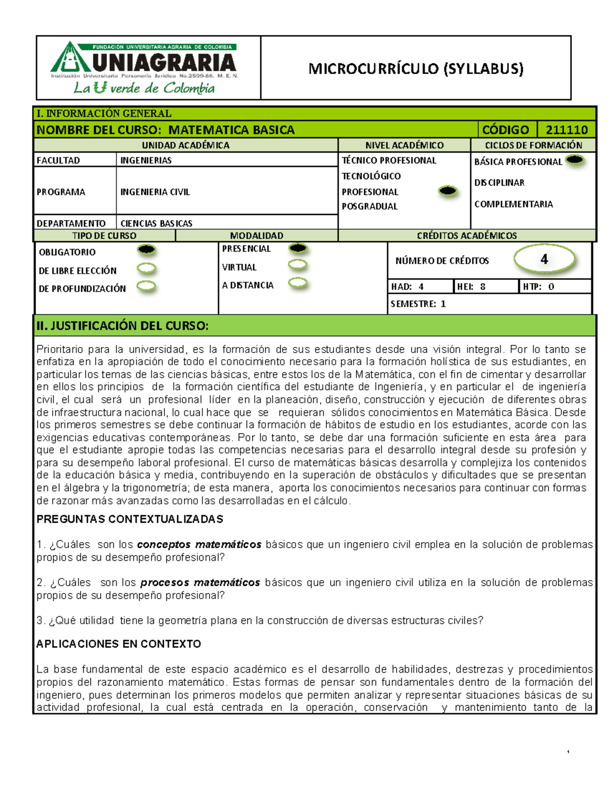 Micro Matematicabasica - I. INFORMACIÓN GENERAL NOMBRE DEL CURSO ...