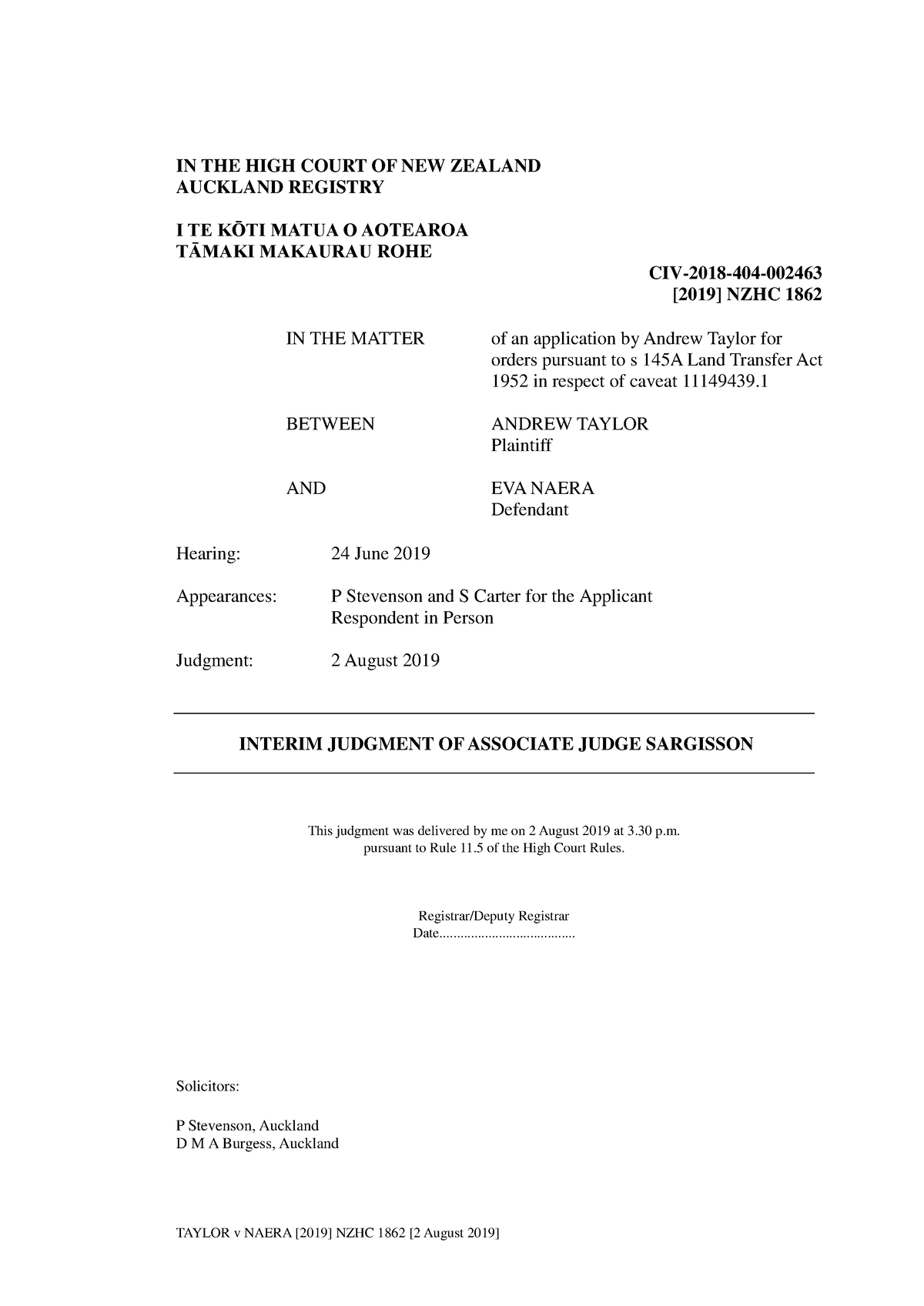 Taylor V Naera 2019 Nzhc 1862 Taylor V Naera 2019 Nzhc 1862 2 August 2019 In The High 6547
