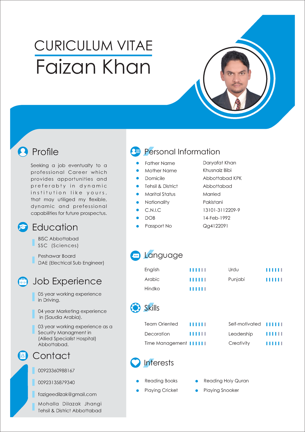 Faizan Khan Dilazak - Resume - Pro le Education Skills Interests Team ...