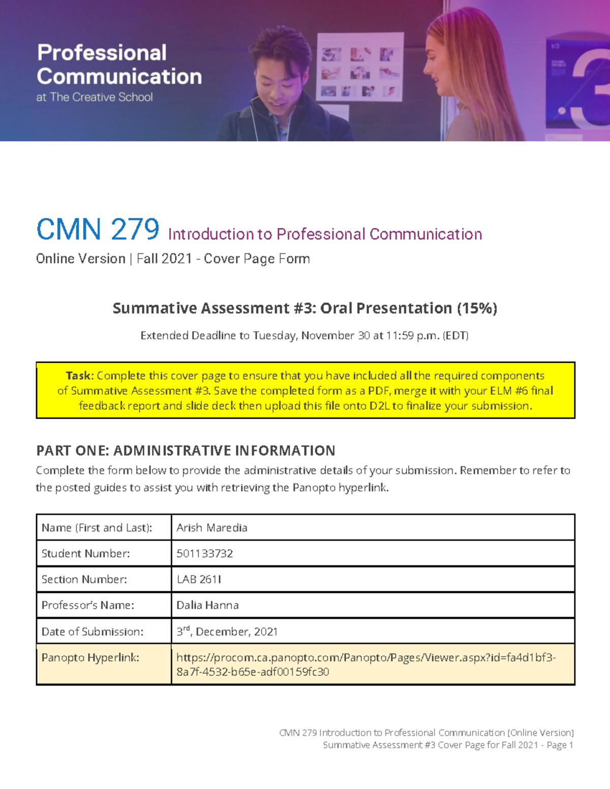 CMN279I-SA#3 Cover Page Form F21 26I - CMN 279 Introduction to ...