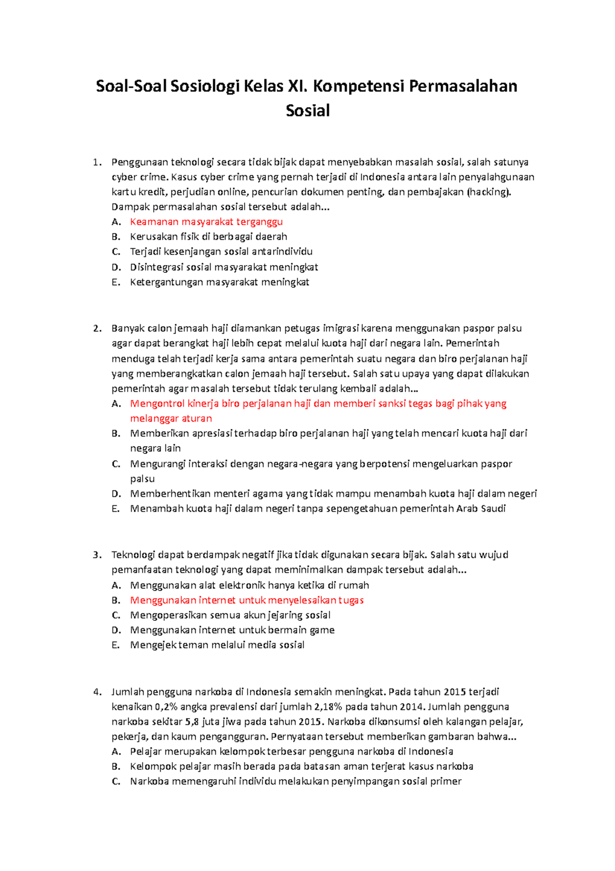 4. Soal-Soal Sosiologi Kelas XI. Kompetensi Permasalahan Sosial - Soal ...