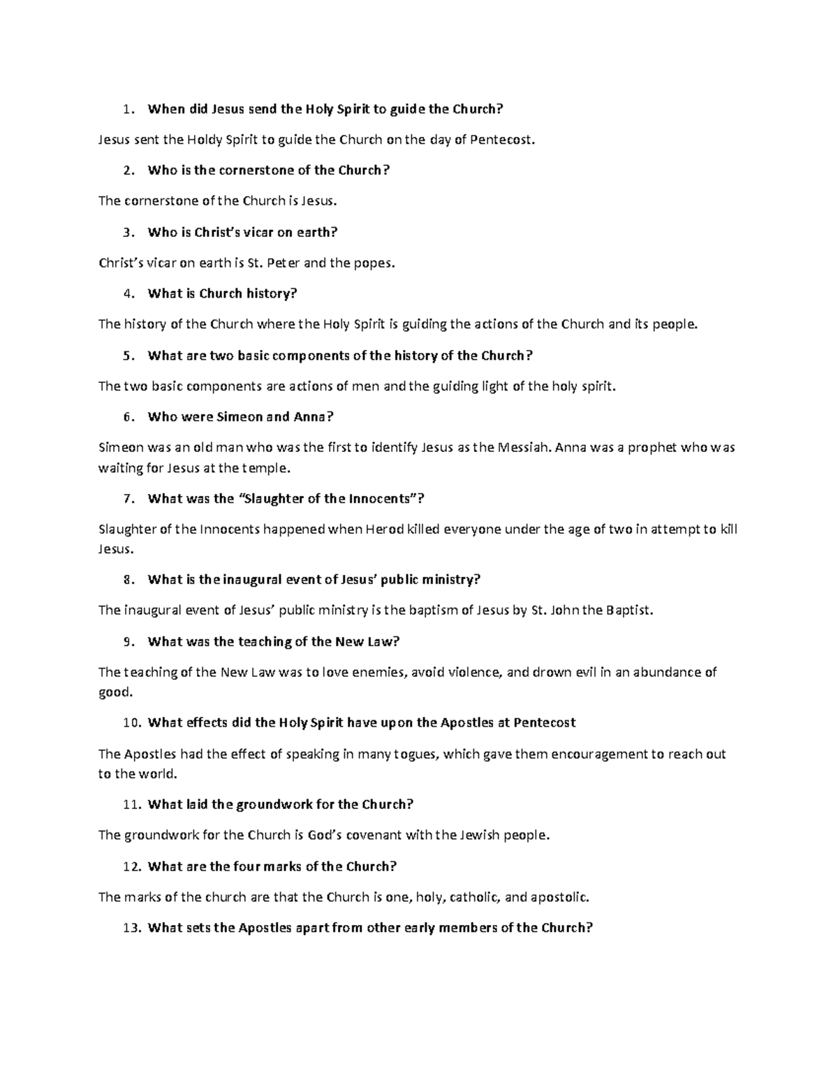 Document 23 Religion questions When did Jesus send the Holy Spirit