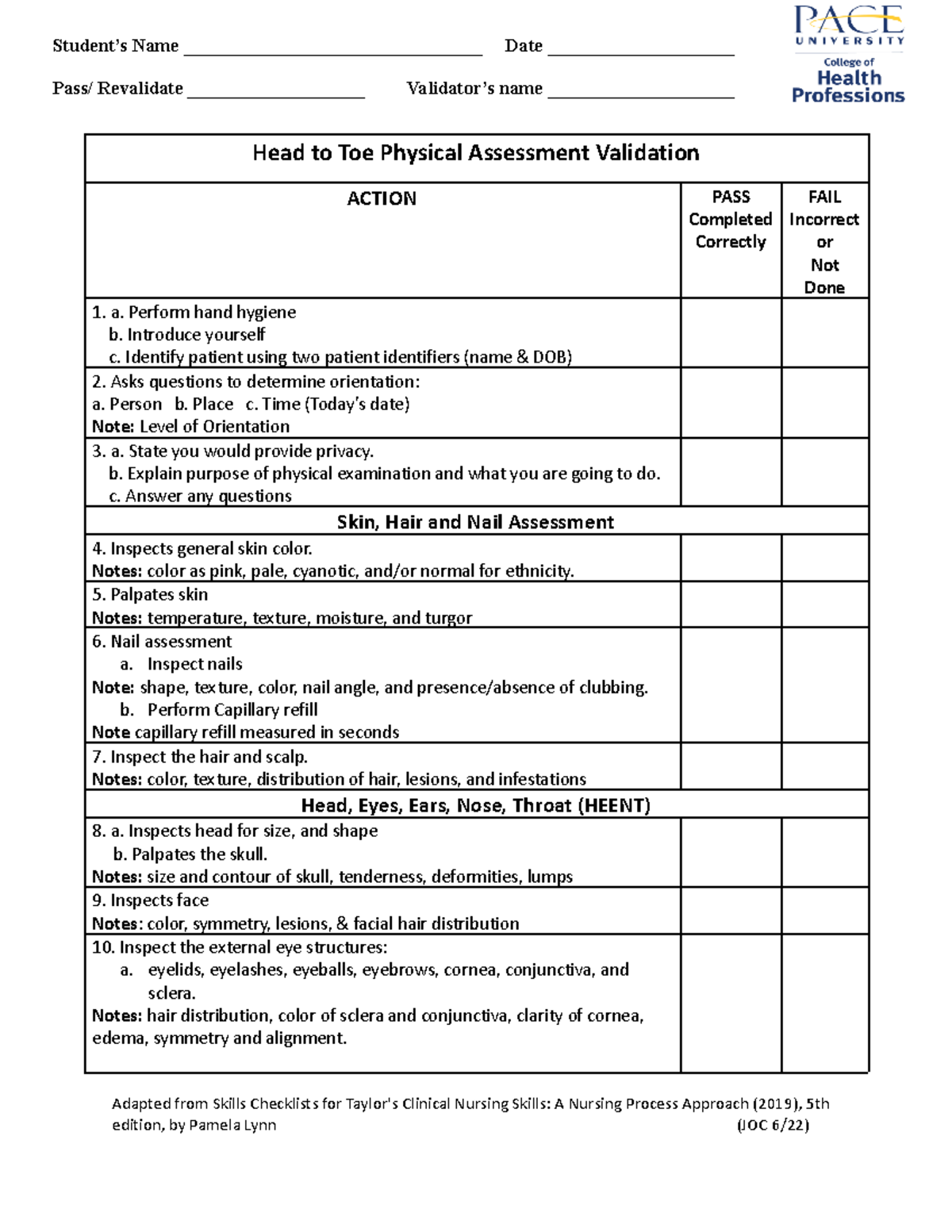 NEW Validation Checklist Physical Assessment 2022 Student COPY - Pass ...