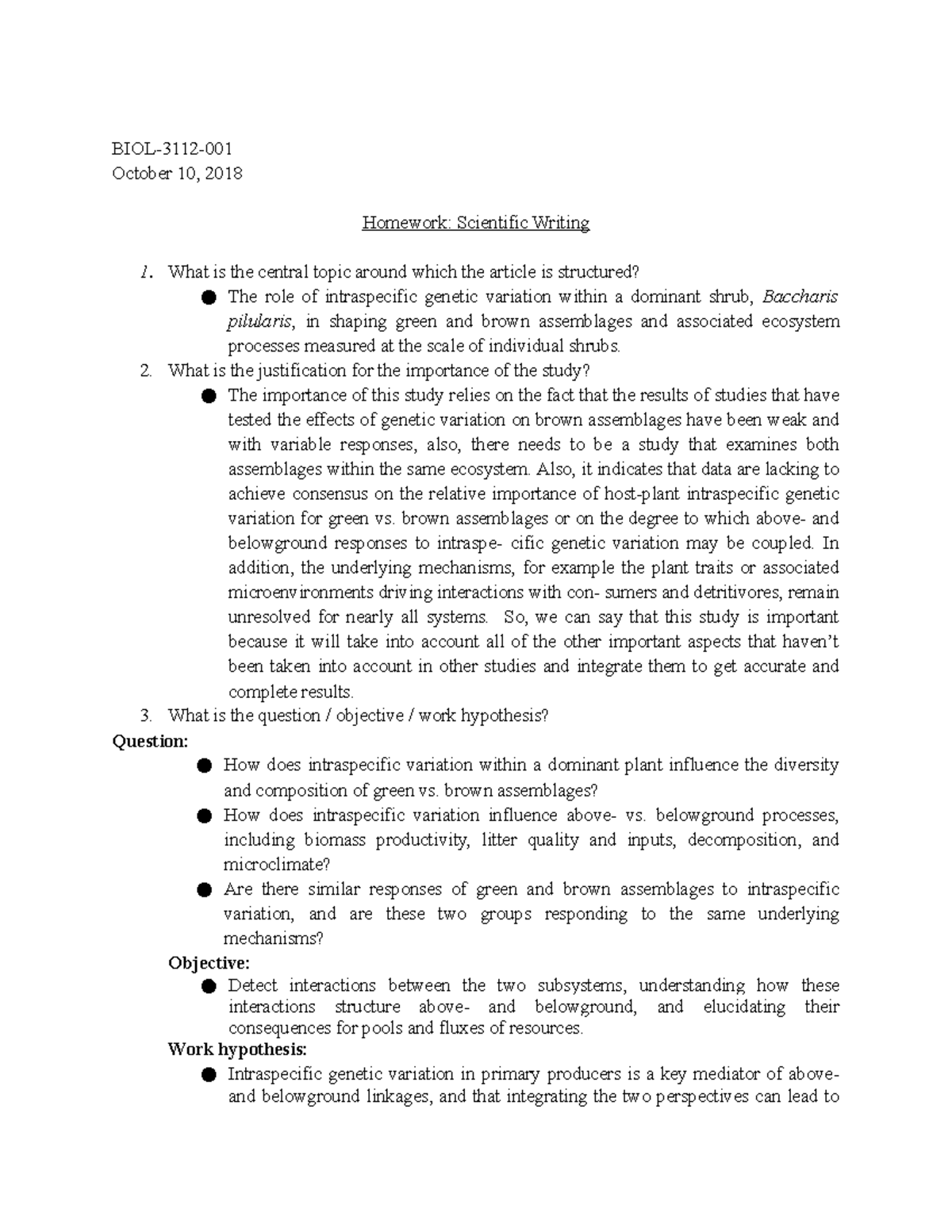 HW- Scientific Writing - BIOL-3112-001 October 10, 2018 Homework ...