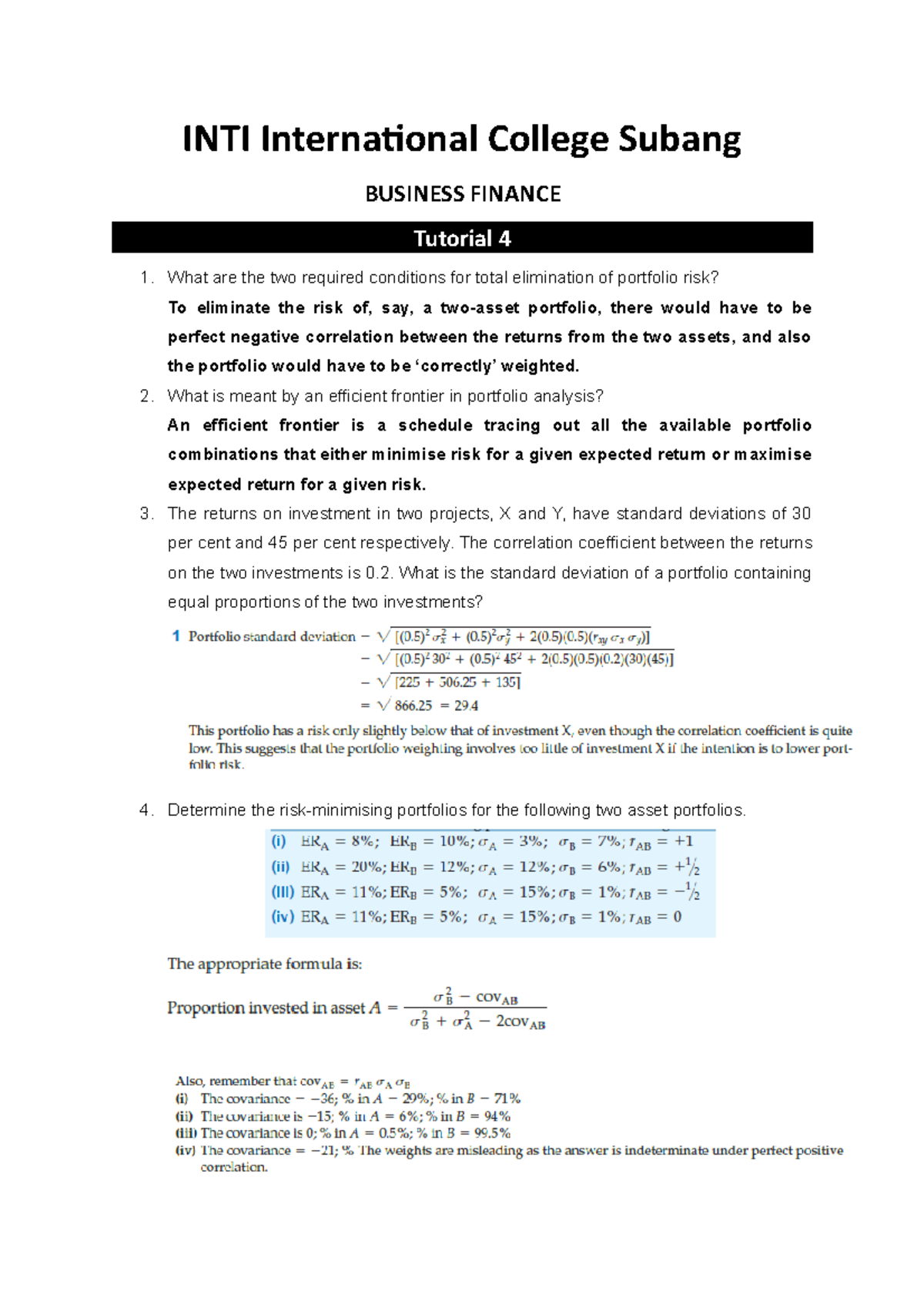 FIN322 4 Tutorial 4 Answer - INTI International College Subang BUSINESS ...