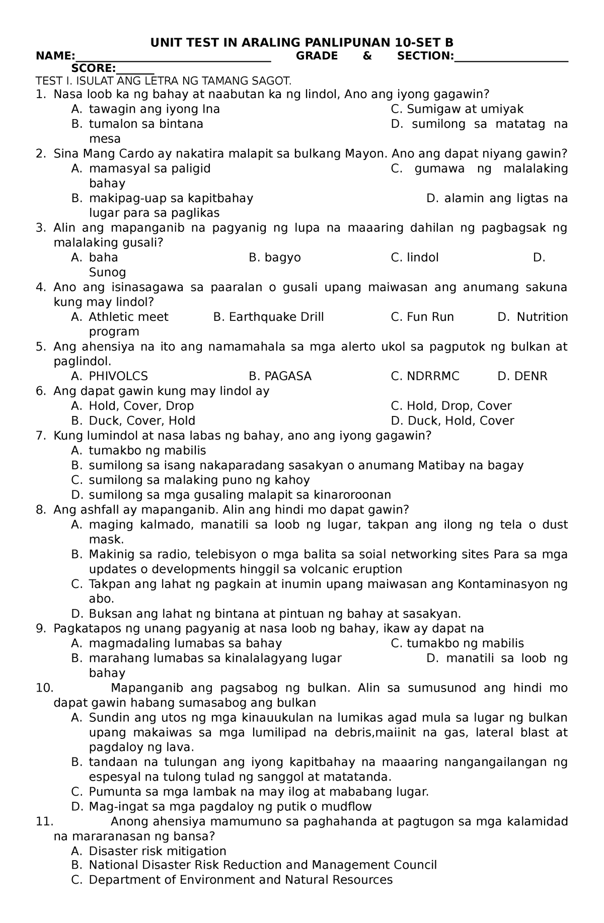 UNIT TEST IN Araling Panlipunan 11-set B - UNIT TEST IN ARALING ...