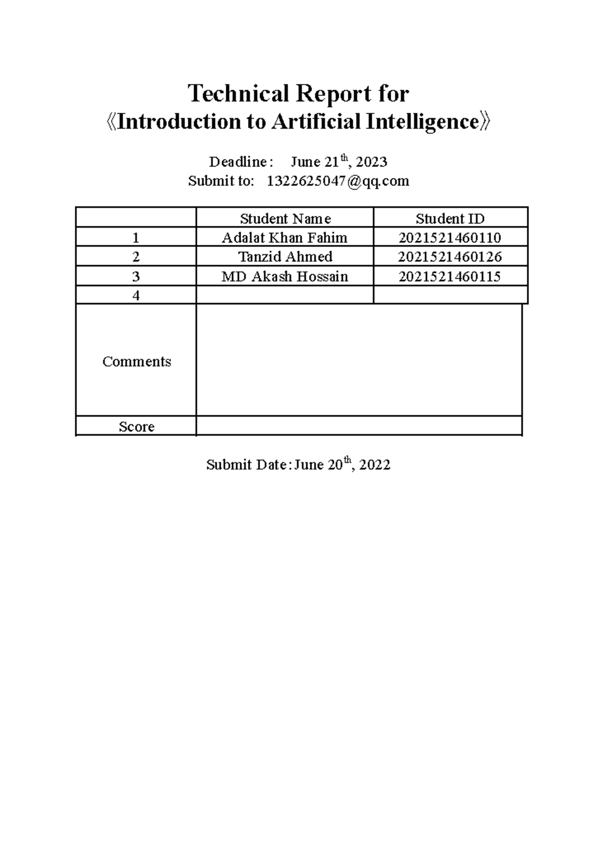 Technical Report for Introduction to Artificial Intelligence ...