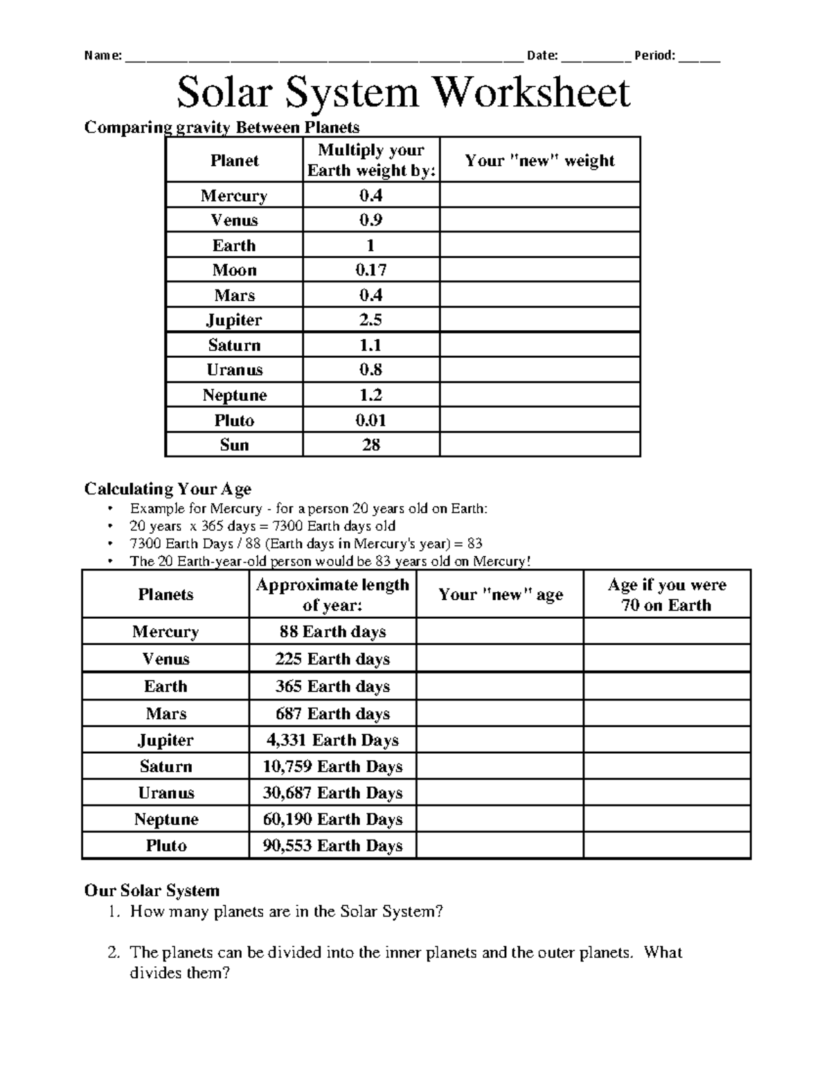 Solar System Worksheet - Name ...