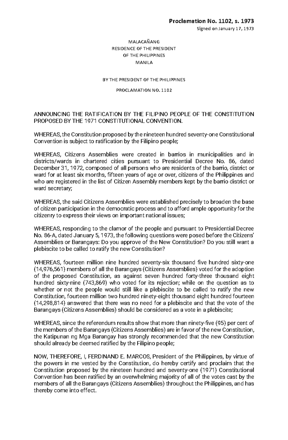 Proclamation NO. 1102 - ... - Proclamation No. 1102, s. 1973 Signed on ...