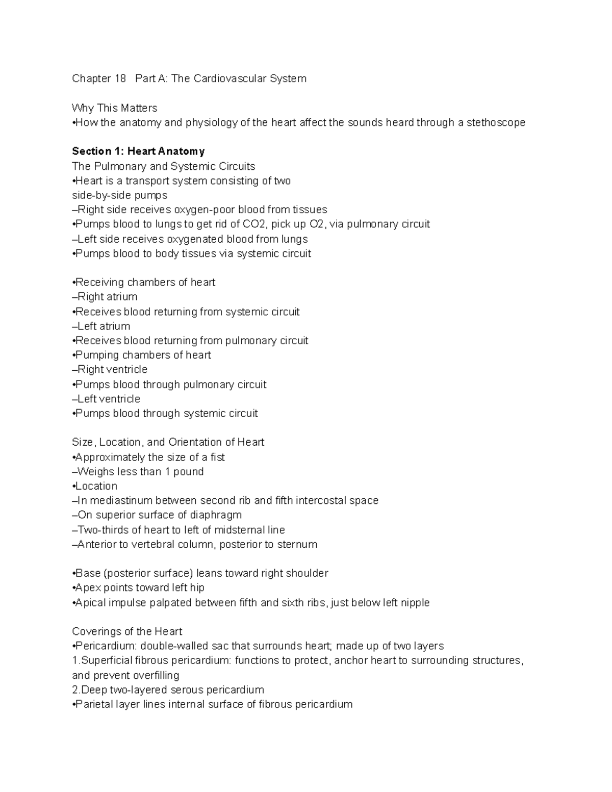 Ch.18 BIOL 244 Notes - Chapter 18 Part A: The Cardiovascular System Why ...