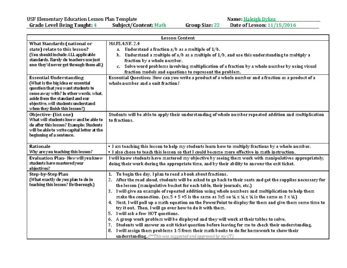 376981742 math lesson 11 - USF Elementary Education Lesson Plan ...