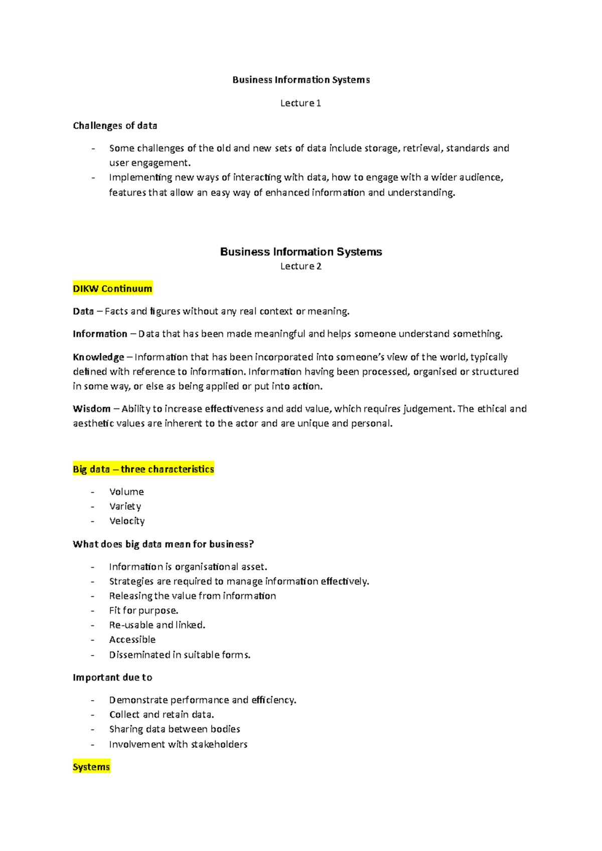 Study notes week 1-11 - Business Information Systems Lecture 1 ...