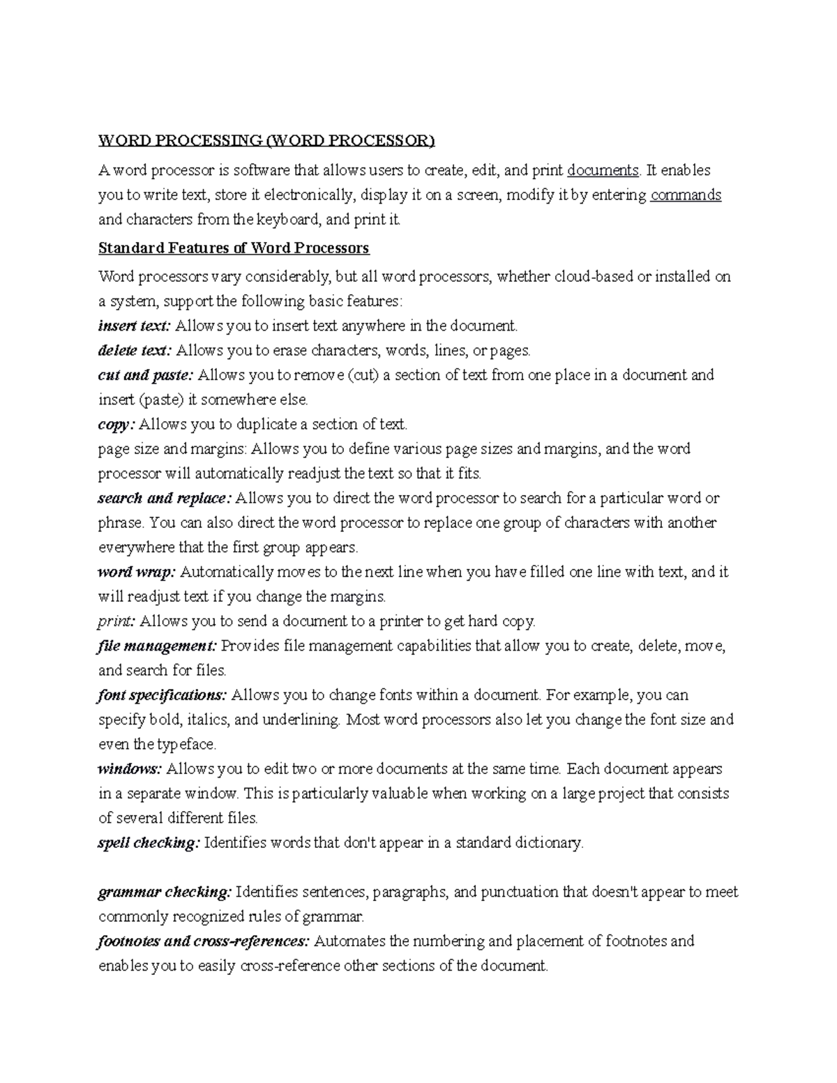 WORD Processing Notes - WORD PROCESSING (WORD PROCESSOR) A word ...