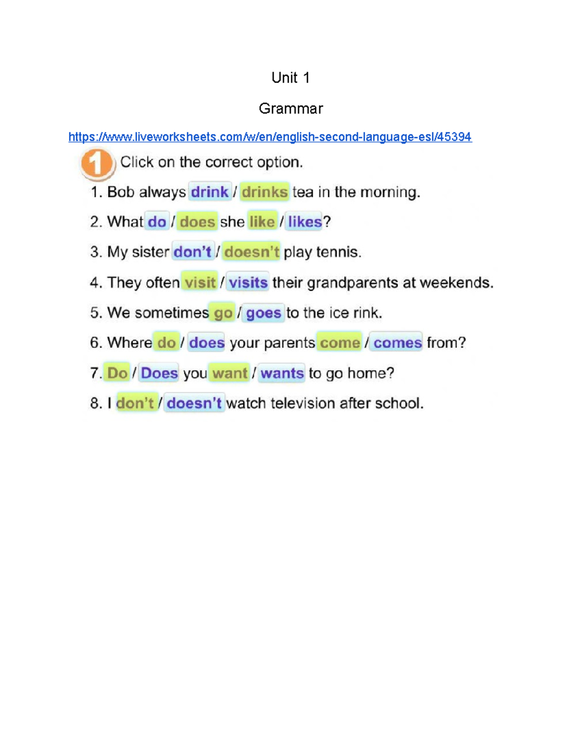 Homework Unit 1 Grammar Liveworksheets w en english second language