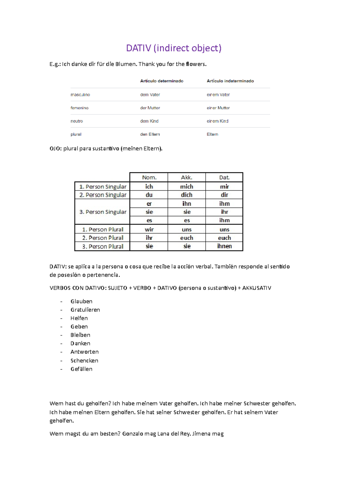 Dativ - DATIV (indirect object) E.: Ich danke dir für die Blumen. Thank ...