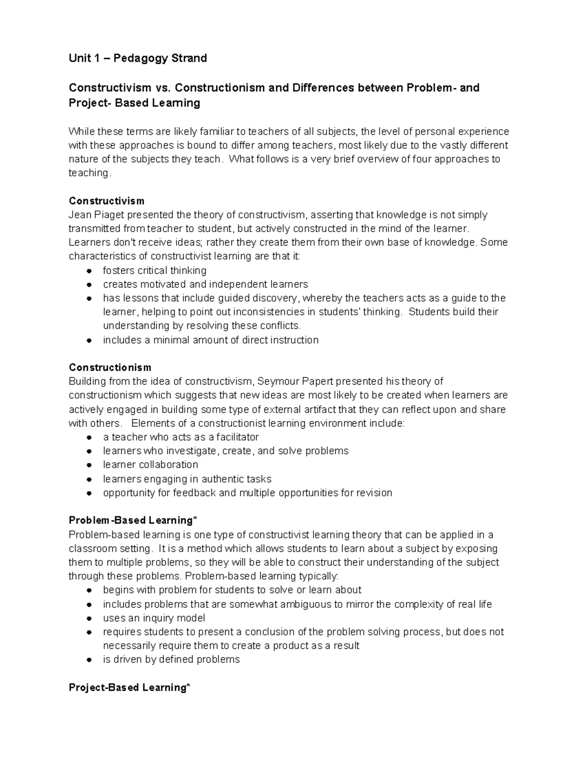 Unit1-Pedgogy Strand - Unit 1 3 Pedagogy Strand Constructivism vs ...