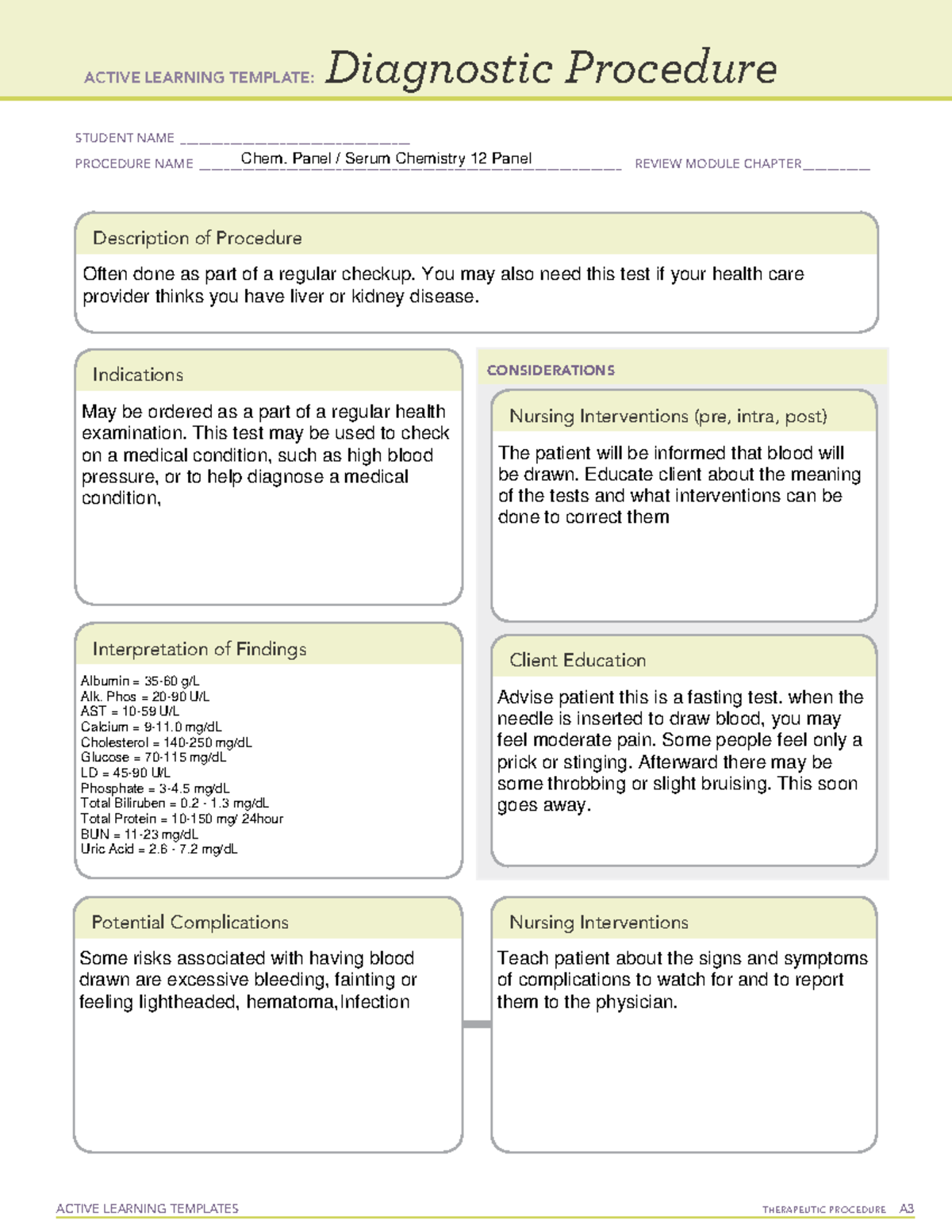 ATI Chem Panel Diagnostic Procedure Sheet ACTIVE LEARNING TEMPLATES