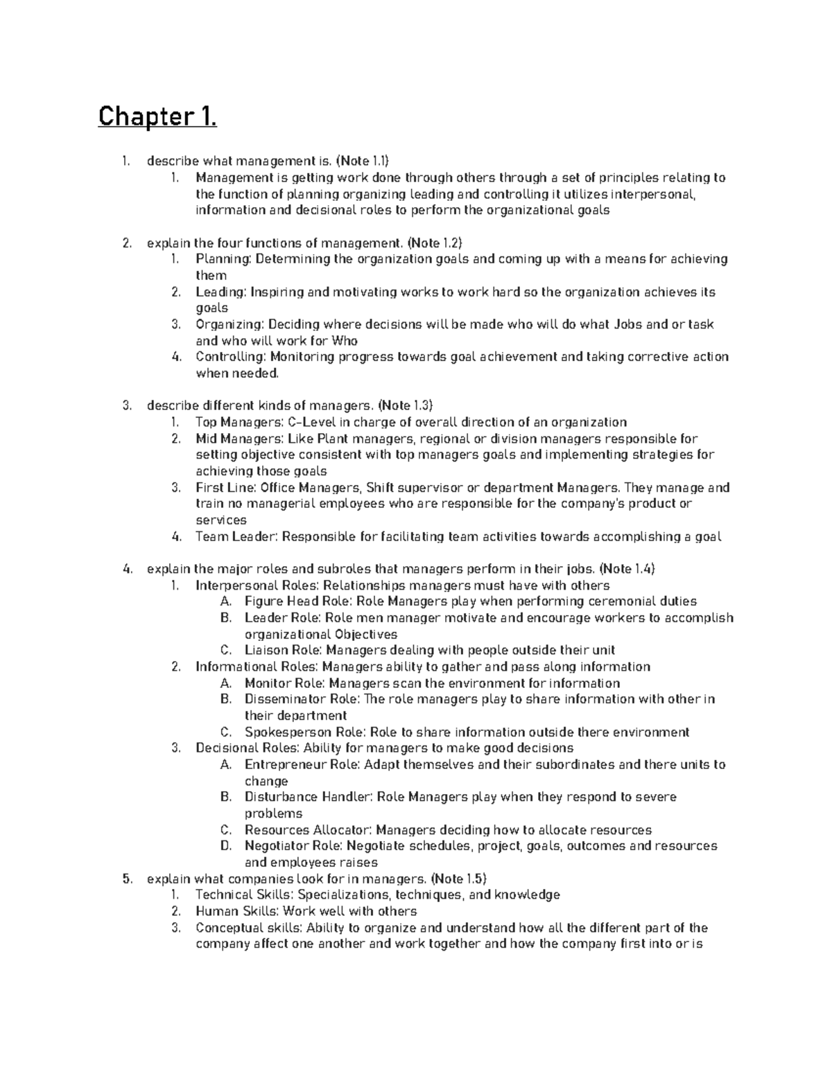 Admin232 Midterm Study Notes - Chapter 1. describe what management is ...