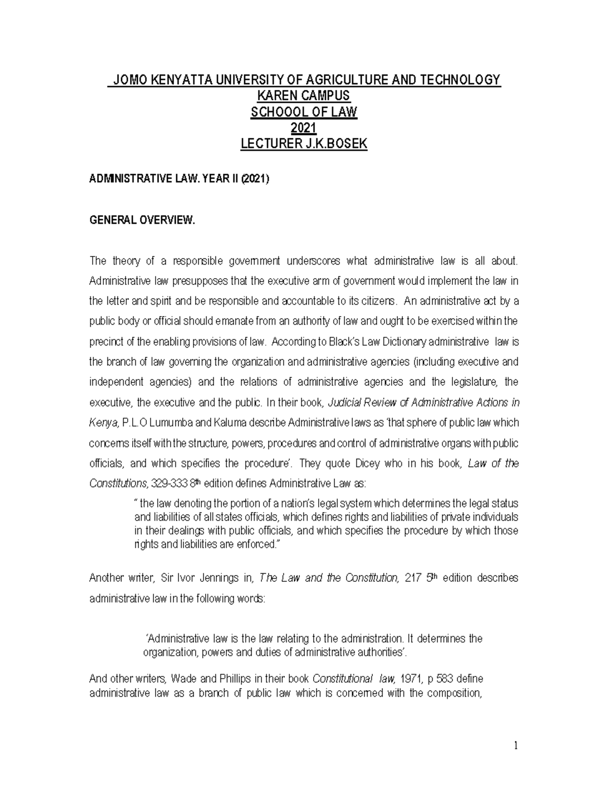 Administrative LAW Notes JOMO KENYATTA UNIVERSITY OF AGRICULTURE AND