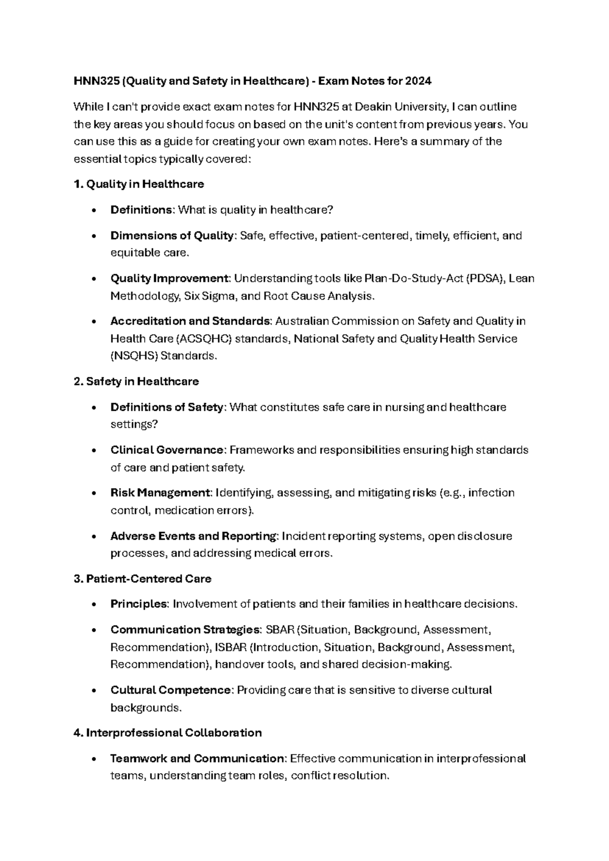 Deakin notes - read it - HNN325 (Quality and Safety in Healthcare ...