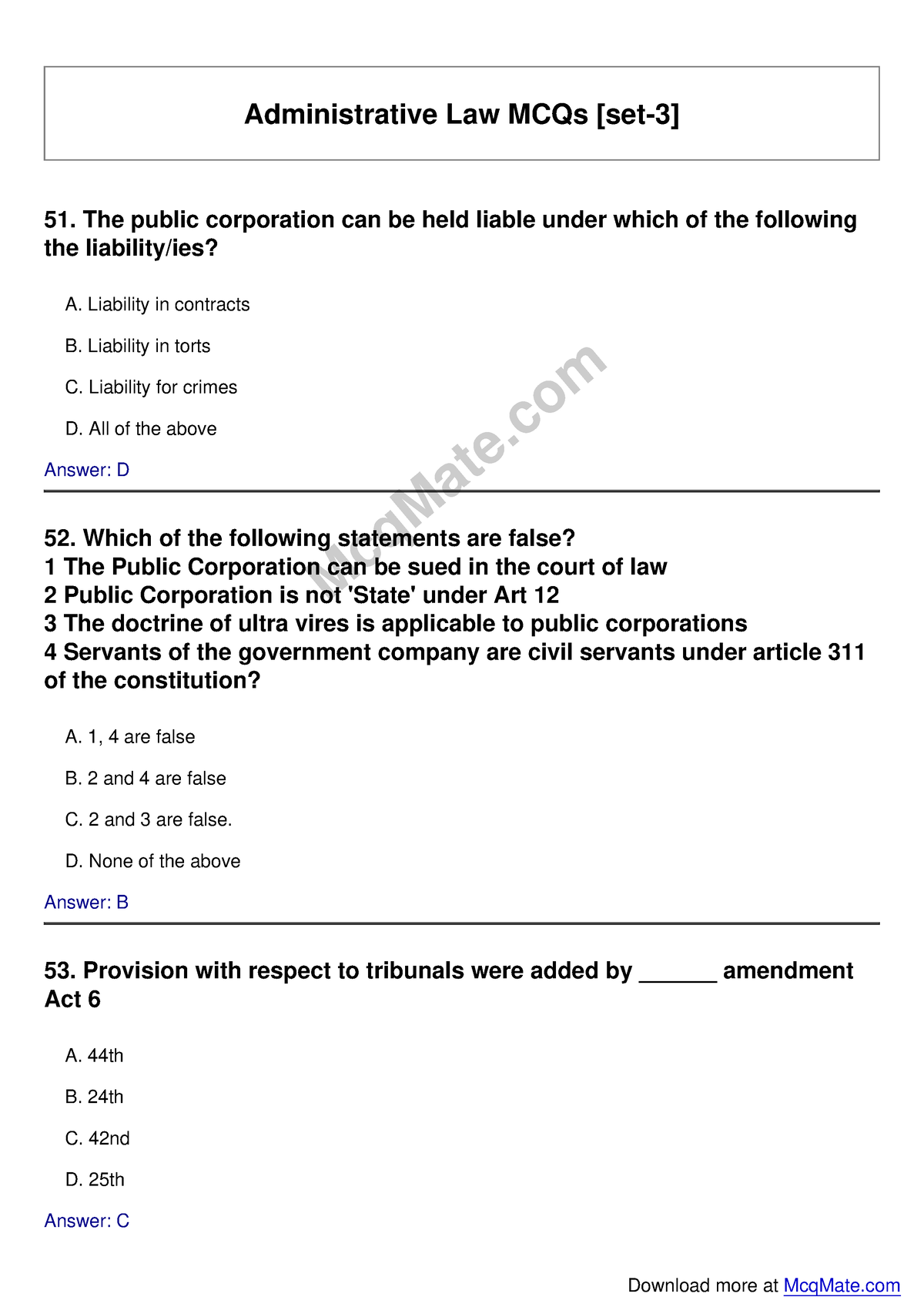 Administrative-law Solved MCQs - Administrative Law MCQs [set-3] 51 ...