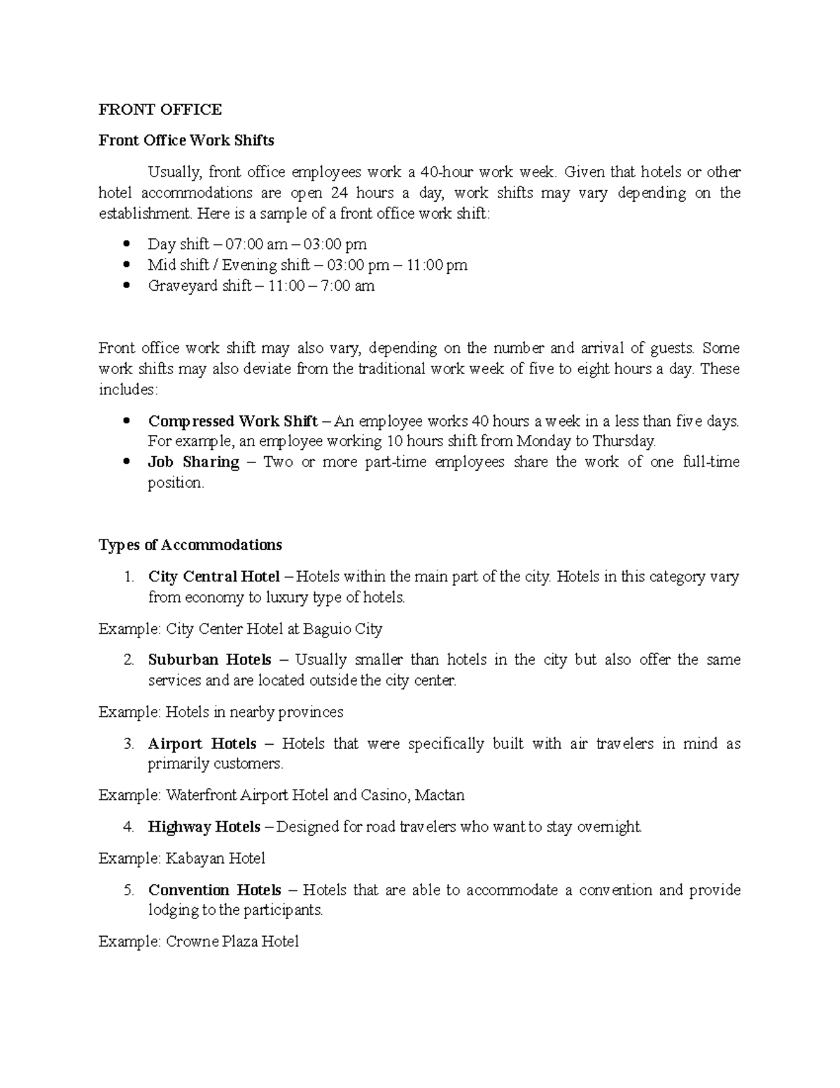 Front Office Work Shifts - FRONT OFFICE Front Office Work Shifts