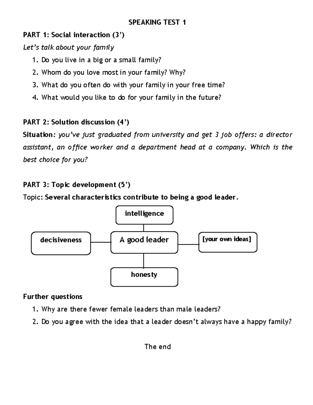 Speaking TEST 1 - ádv - SPEAKING TEST 1 PART 1: Social interaction (3 ...