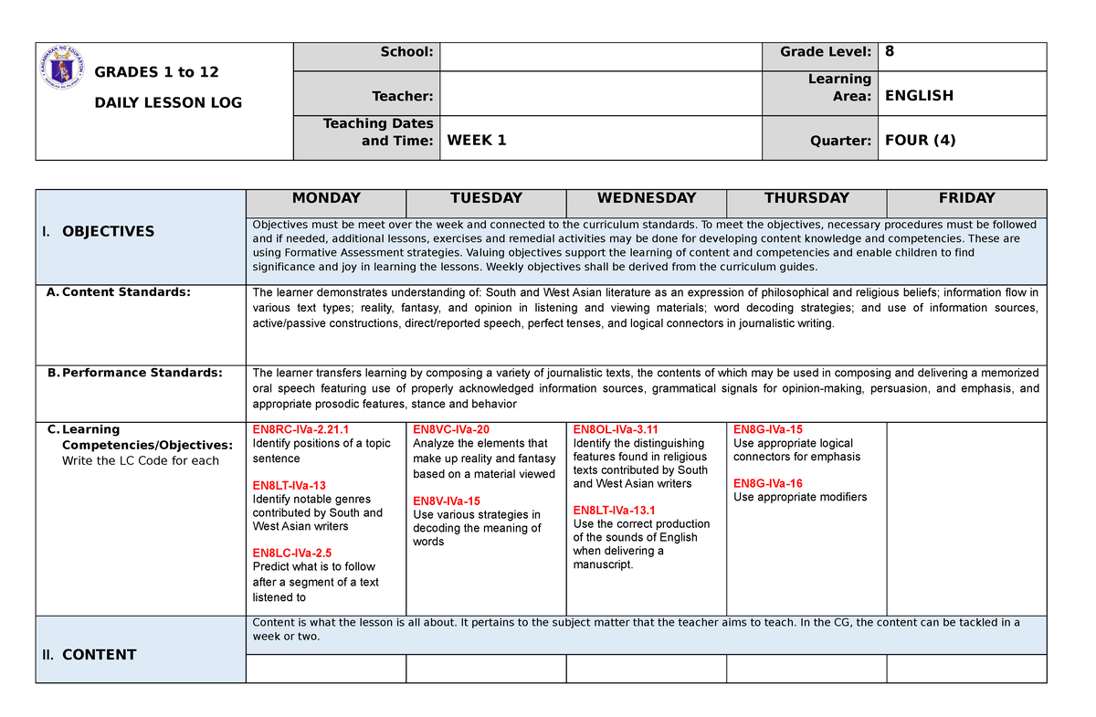 DLL-Eng8-4th Q-Week-1 - GRADES 1 To 12 DAILY LESSON LOG School: Grade ...