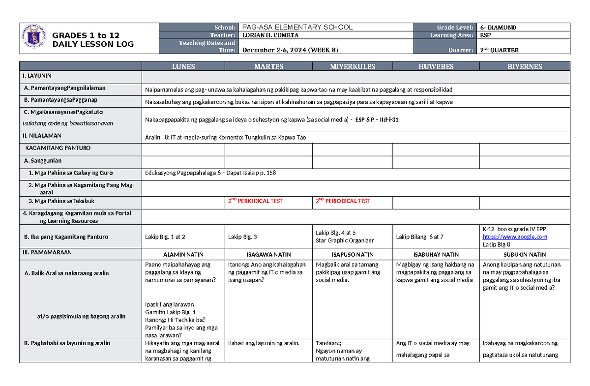 DLL ESP 6 Q2 W8 - DLL - GRADES 1 to 12 DAILY LESSON LOG School: PAG-ASA ...