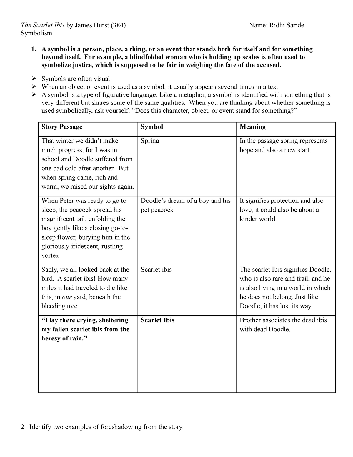 The Scarlet Ibis symbolism homework - The Scarlet Ibis by James Throughout The Scarlet Ibis Worksheet Answers