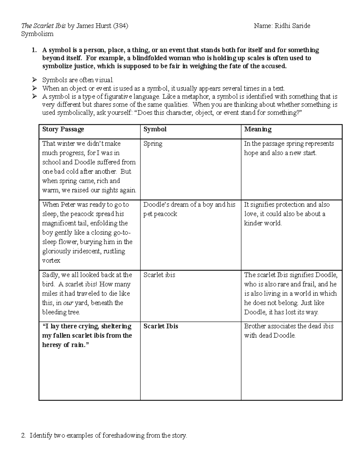 The Scarlet Ibis symbolism  homework - The Scarlet Ibis by James Throughout The Scarlet Ibis  Worksheet