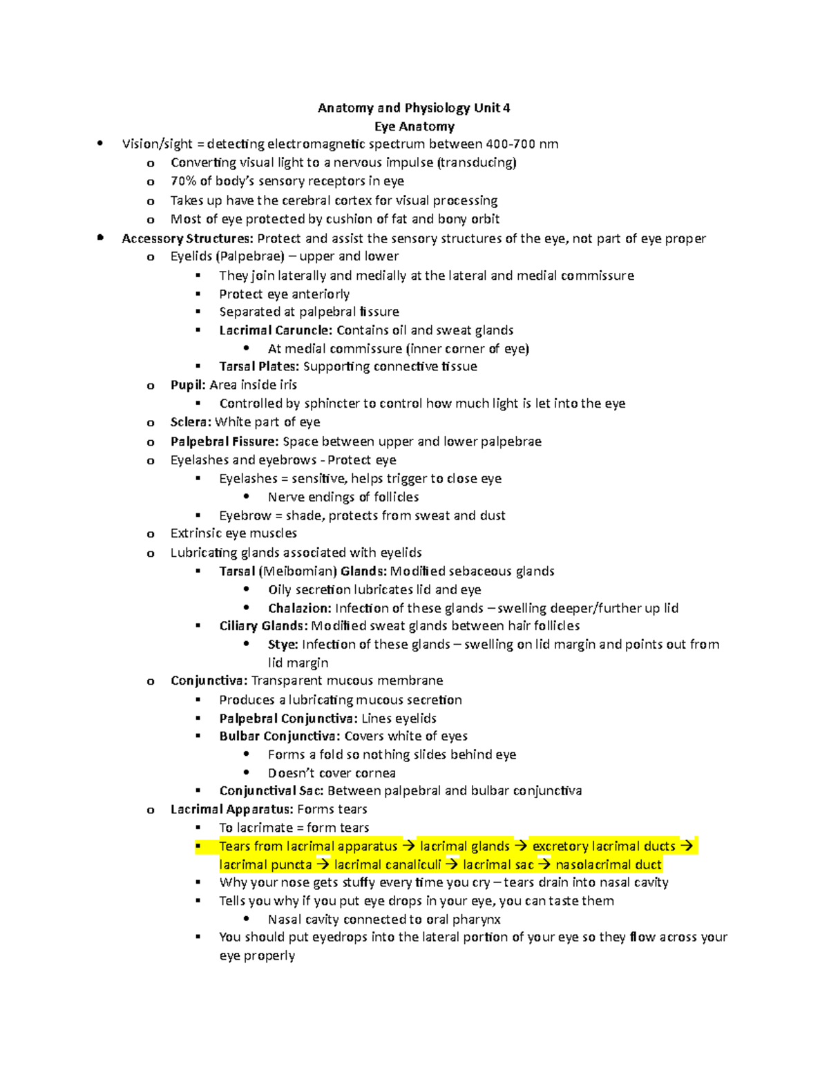 BIOL 430: Advanced Human Anatomy and Physiology I; Unit 4 - Vision ...