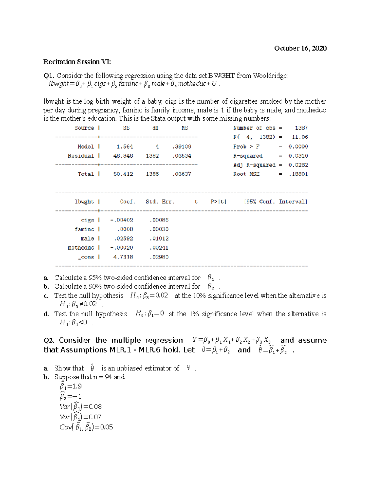 Recitation Session VI - Lecture notes 6 - Econometrics I - Studocu