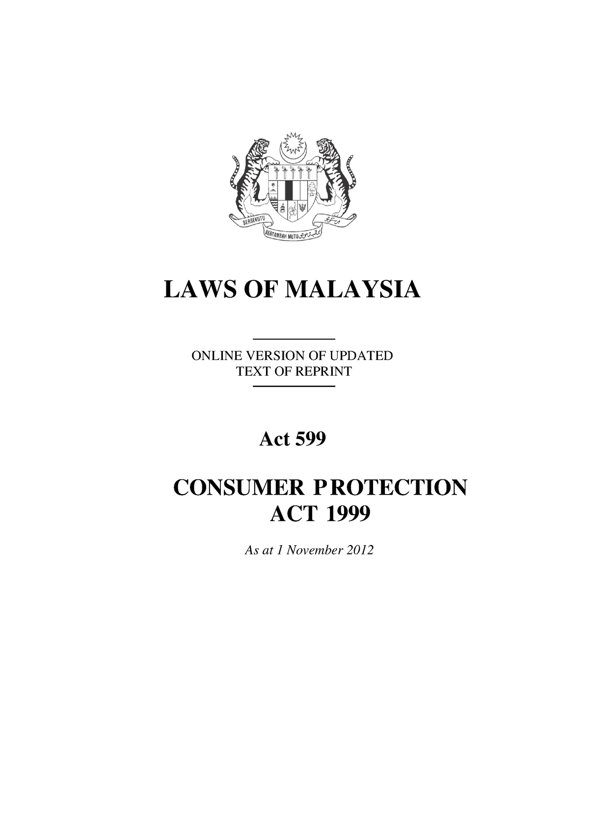 Act 599 Consumer Protection Act 1999 Laws Of Malaysia Online Version Of Studocu