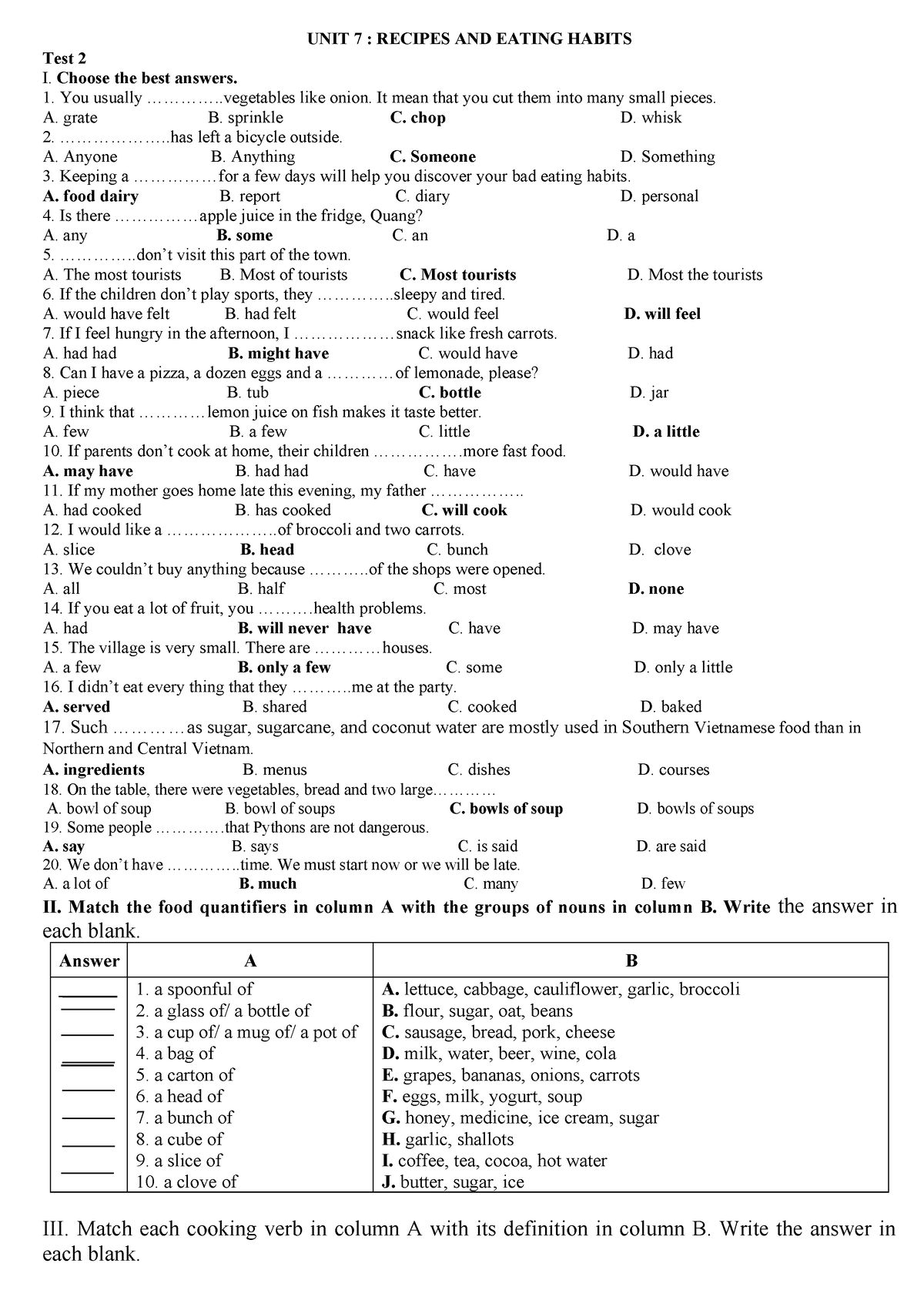 Test for unit 7 - hihihihiihihihiihi - UNIT 7 : RECIPES AND EATING ...