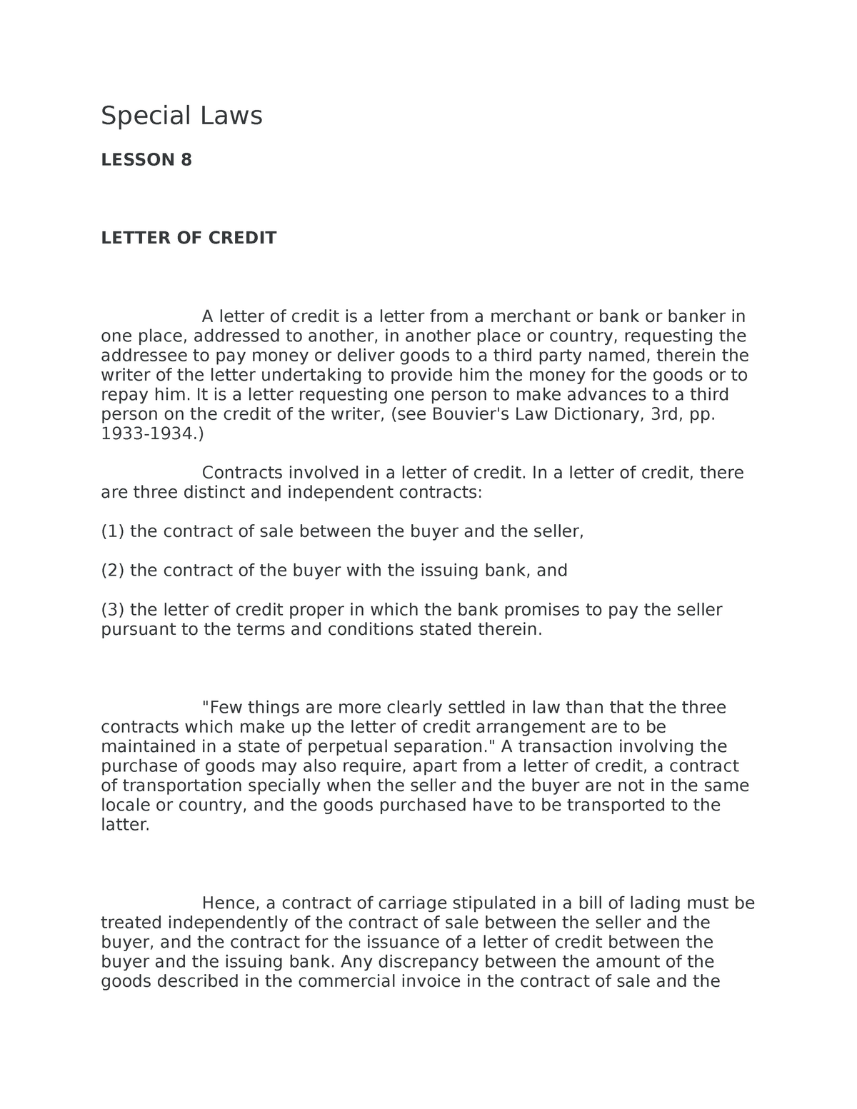 Special Law Special Laws LESSON 8 LETTER OF CREDIT A Letter Of Credit 