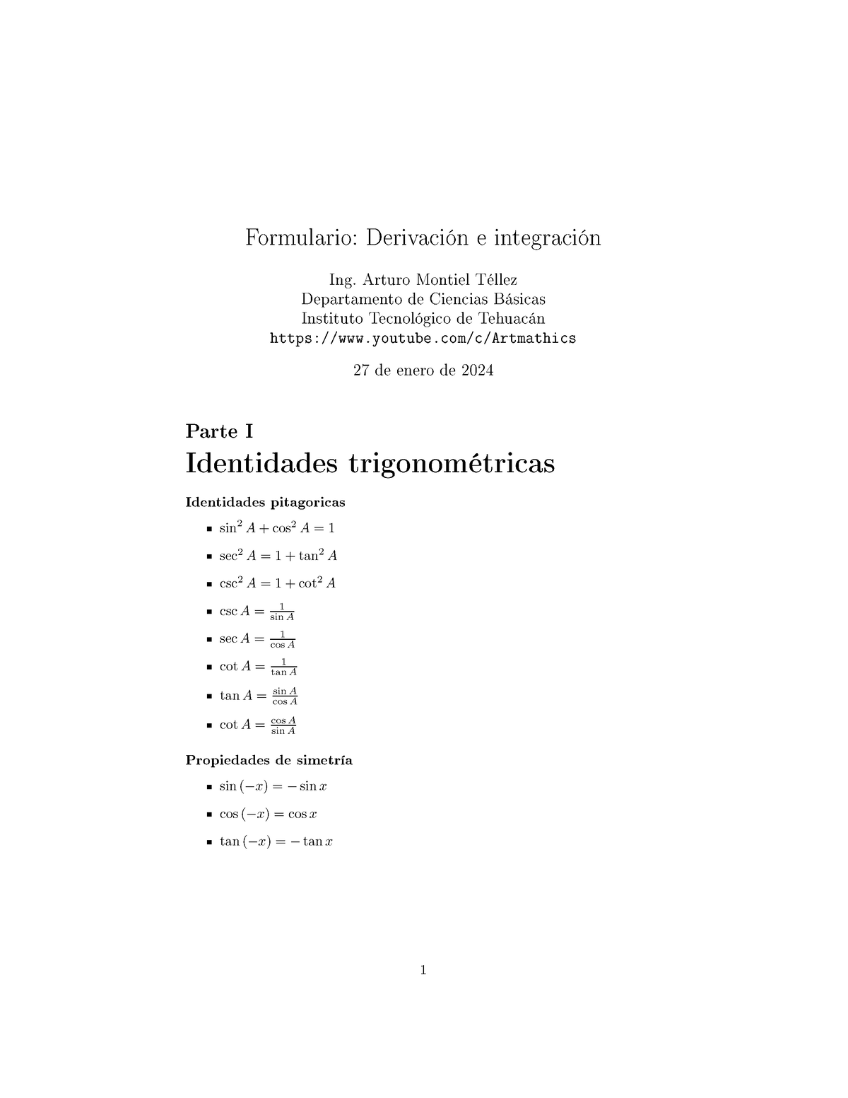 Formulario C Lculo Integral - Formulario: Derivación E Integración Ing ...