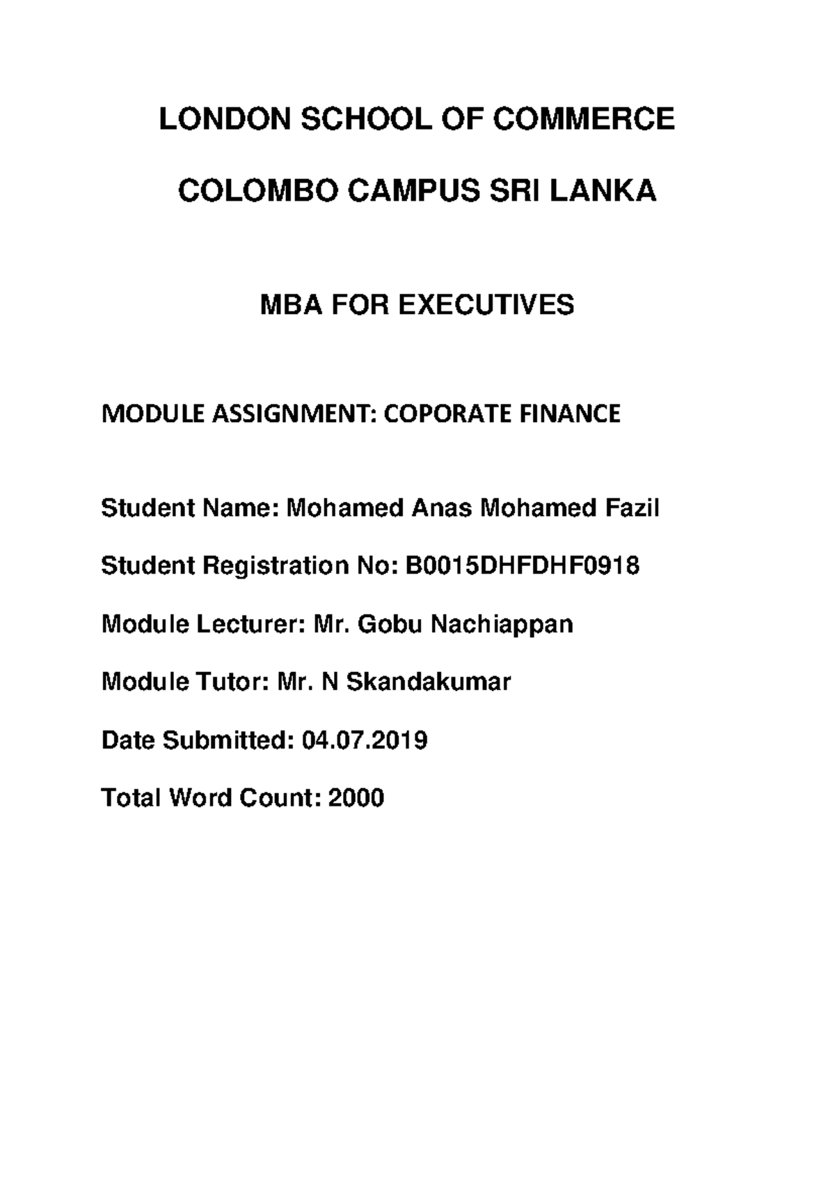 Fazil - Assignment - LONDON SCHOOL OF COMMERCE COLOMBO CAMPUS SRI LANKA ...