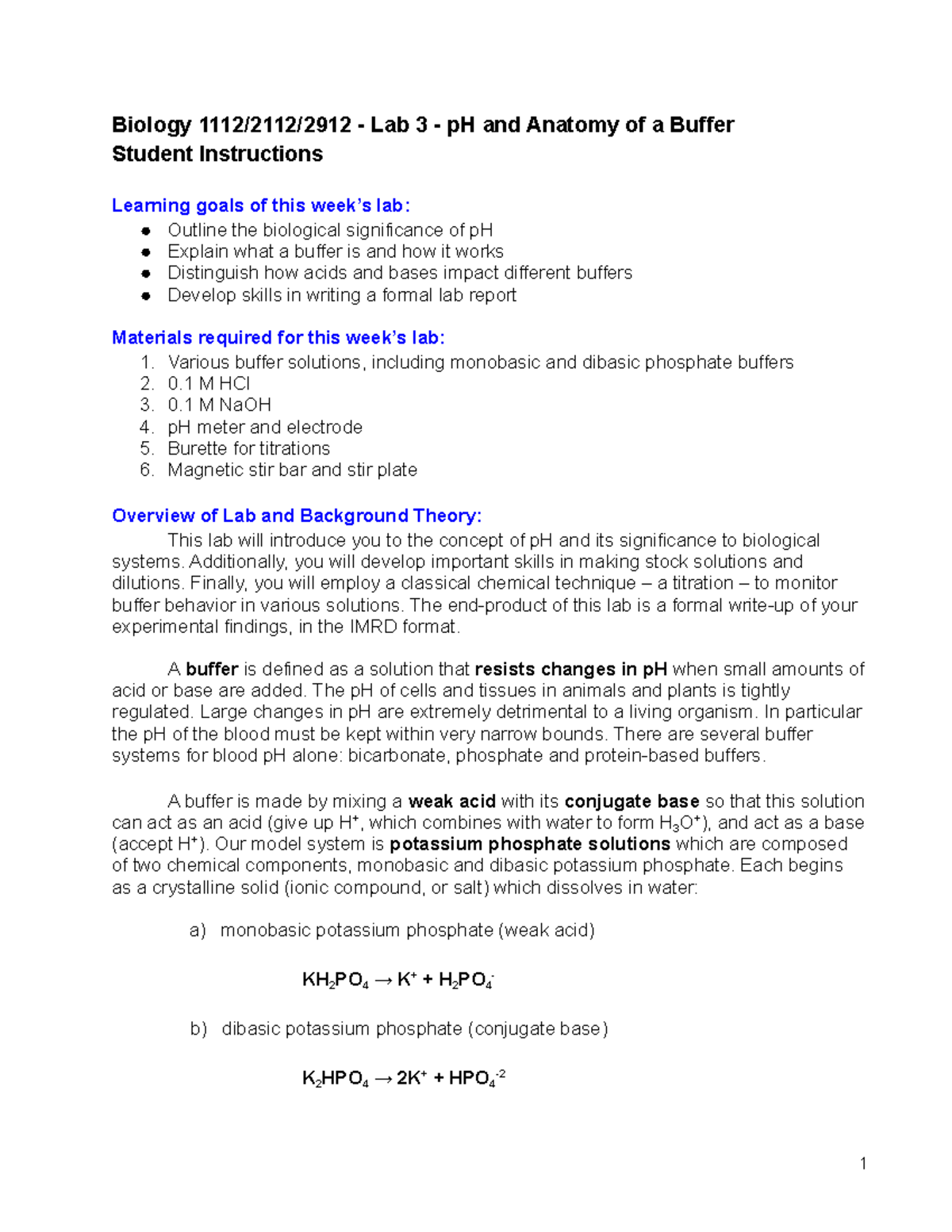 Lab 3 p H and Anatomy of a Buffer Student Instructions Biology