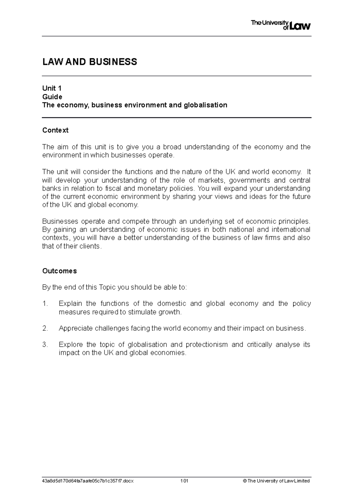 Workshop Guide 1 From Prof - LAW AND BUSINESS Unit 1 Guide The Economy ...