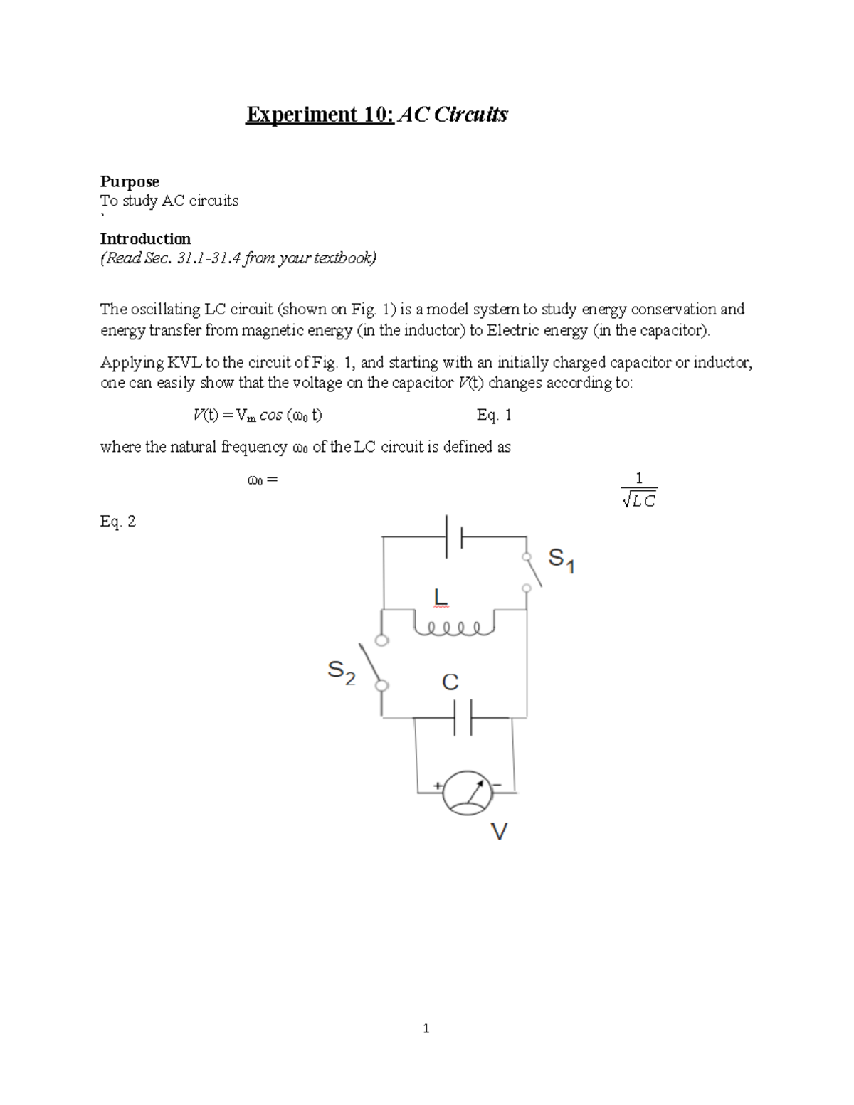 Exper 10 - Physics lab - Experiment 10: AC Circuits Purpose To study AC ...