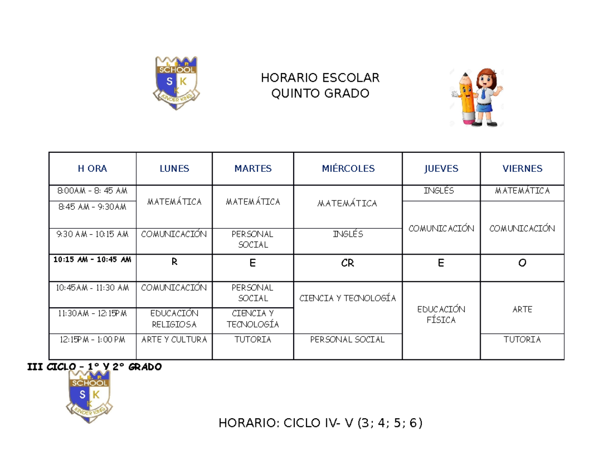Horario Escolar - HORARIO ESCOLAR QUINTO GRADO III CICLO – 1° Y 2
