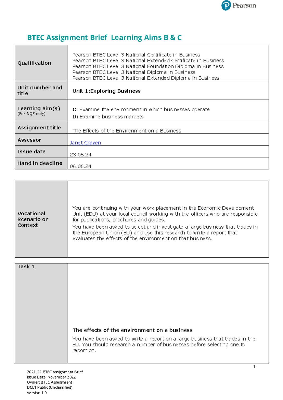 btec business authorised assignment briefs