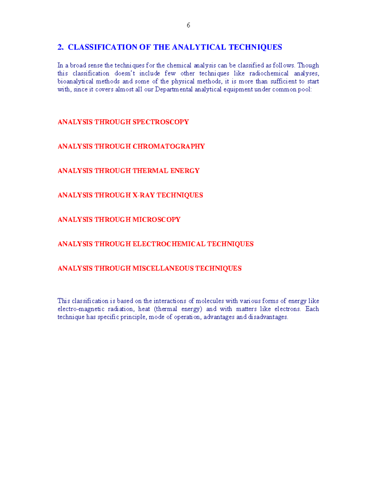 INTRODUCTION TO Instrumental chemical analysis 6 2. CLASSIFICATION OF THE ANALYTICAL