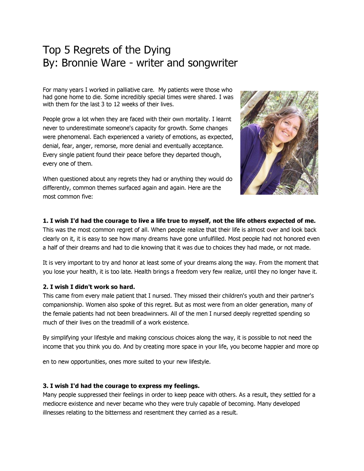 Top 5 Regrets Of The Dying Top 5 Regrets Of The Dying By Bronnie Ware Writer And Songwriter