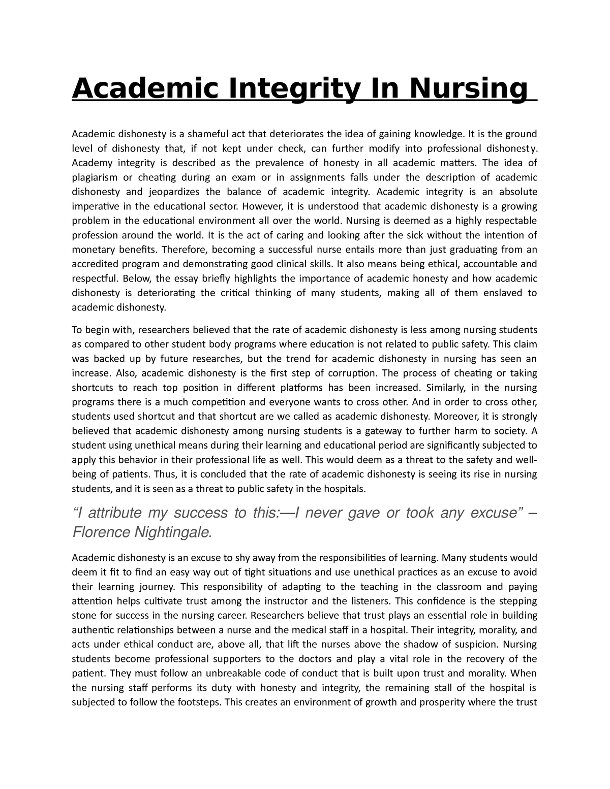 integrity in nursing essay
