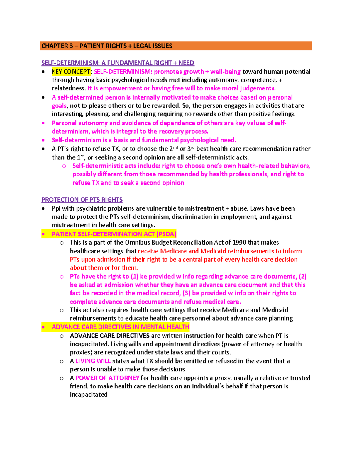 CH 3-6 - Great - CHAPTER 3 – PATIENT RIGHTS + LEGAL ISSUES SELF ...